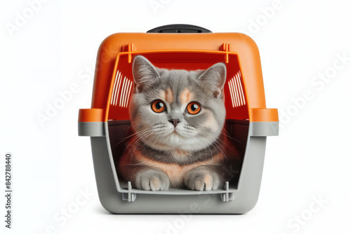 shorthair cat into an plastic pet carrier Isolated on white background