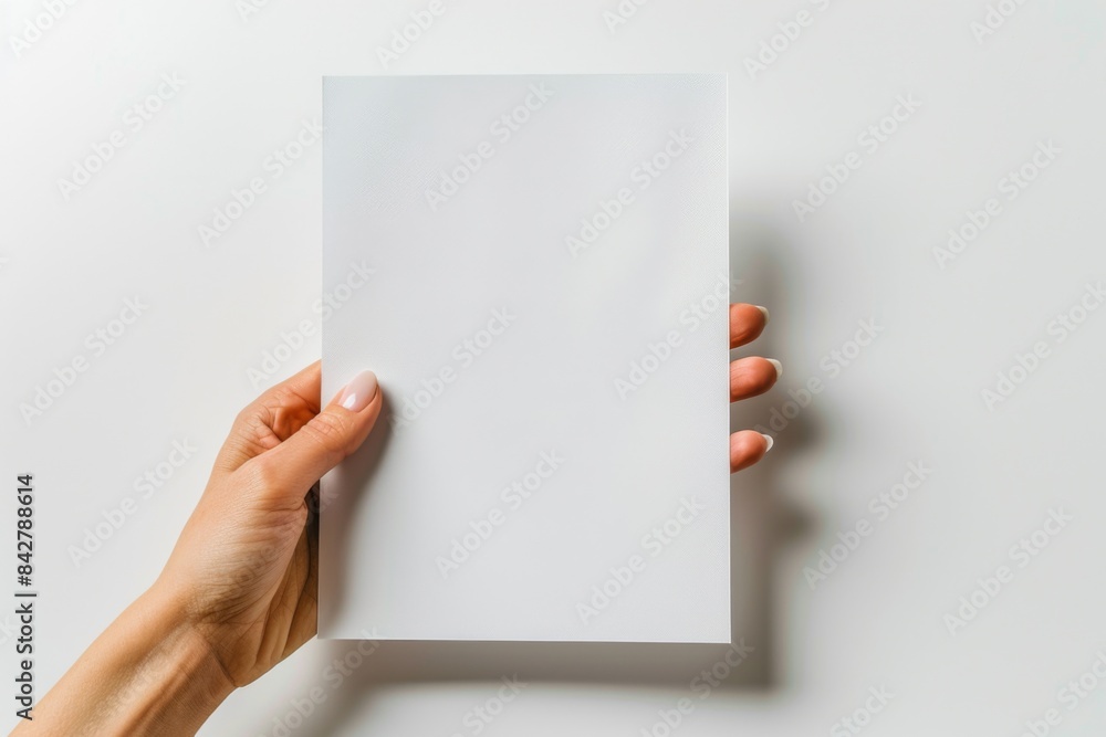 Blank paper mockup on hand created with generative AI Blank paper mockup on hand created with generative AI
