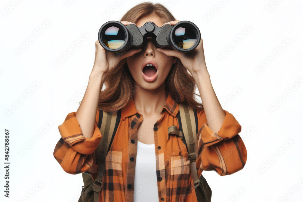 surprised woman looking through binoculars somewhere Isolated on white background surprised woman looking through binoculars somewhere Isolated on white background