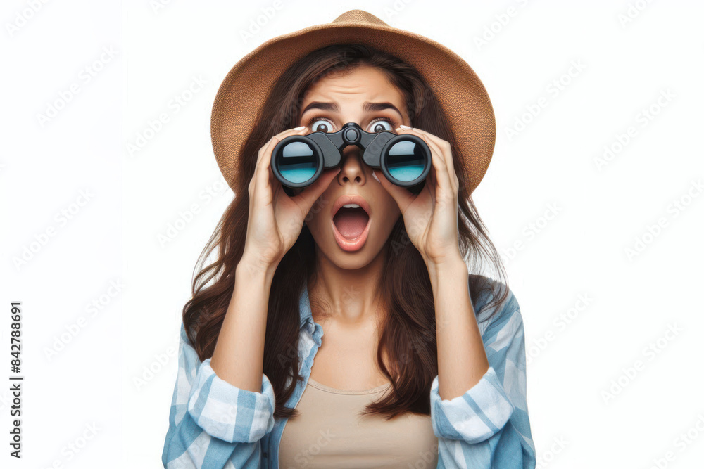 surprised woman looking through binoculars somewhere Isolated on white background surprised woman looking through binoculars somewhere Isolated on white background