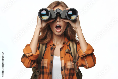 surprised woman looking through binoculars somewhere Isolated on white background