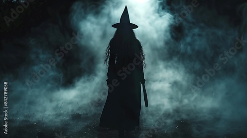 Silhouette of a woman wearing a witch hat in a misty forest. Concept of Halloween, dark magic, mystery, supernatural