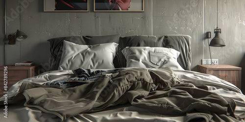  White bedding sheets and pillow, Messy bed concept bed room , Empty bed with tousled sheets, showing the restless movements 
 photo
