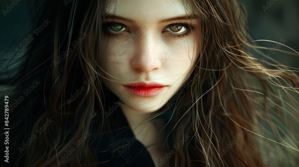 Naklejka premium Young female vampire with pale skin and an intense gaze. Mysterious woman with flowing hair and piercing eyes. Concept of horror, supernatural beauty, Halloween, and fantasy