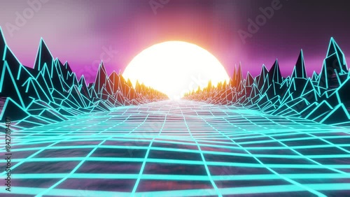 3D loop animation of retro style, Wireframe 80s arcade Motion Background
