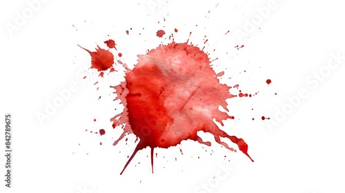 Bloodstain. Red ink splatter with paint drops on a white background. Concept of abstract art, watercolor painting, blood splatter design, horror, violence photo