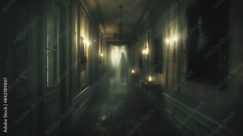 Ethereal ghost figure in a long hallway with wooden floors and golden lighting. Concept of ghostly presence, haunted house, supernatural, eerie atmosphere Ethereal ghost figure in a long hallway with wooden floors and golden lighting. Concept of ghostly presence, haunted house, supernatural, eerie atmosphere