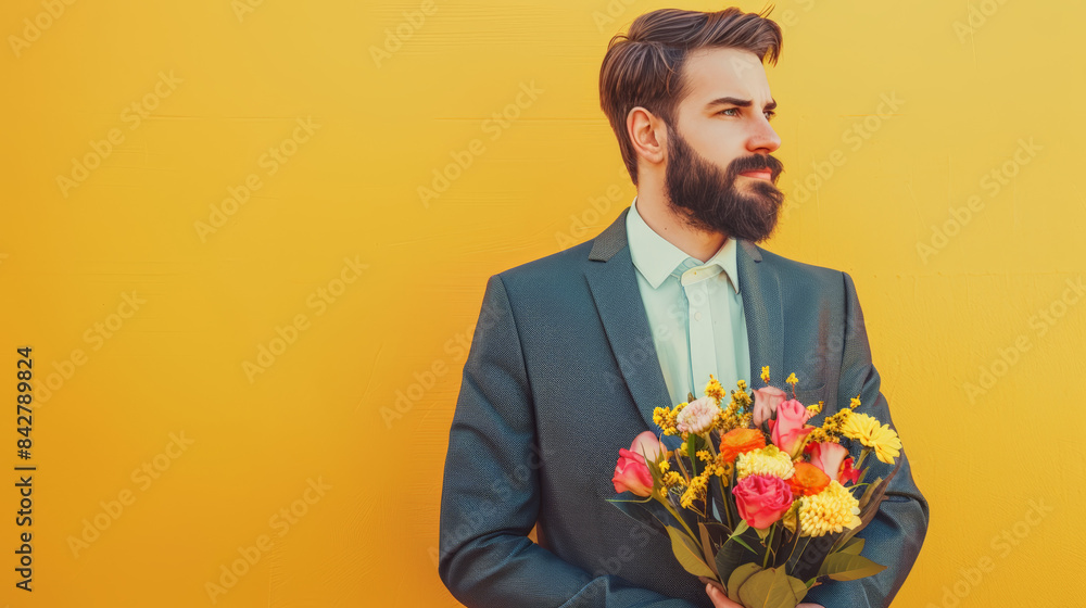 A bearded man in a suit holds a bouquet of flowers against a vibrant yellow background, looking off to the side.
A bearded man in a suit holds a bouquet of flowers against a vibrant yellow background, looking off to the side.