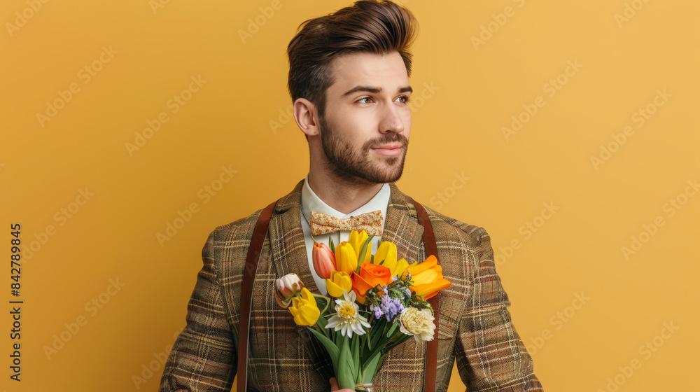 A bearded man in a suit holds a bouquet of flowers against a vibrant yellow background, looking off to the side.
A bearded man in a suit holds a bouquet of flowers against a vibrant yellow background, looking off to the side.