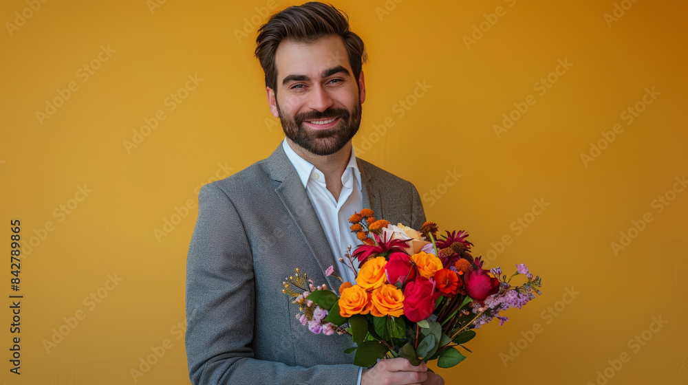A bearded man in a suit holds a bouquet of flowers against a vibrant yellow background, looking off to the side.
A bearded man in a suit holds a bouquet of flowers against a vibrant yellow background, looking off to the side.