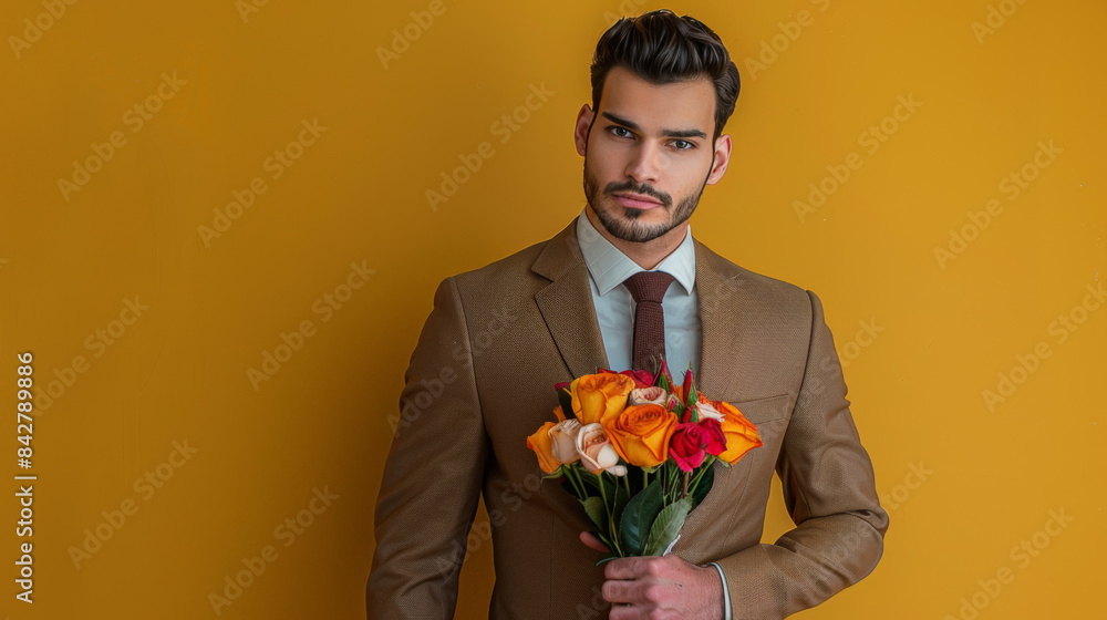 A bearded man in a suit holds a bouquet of flowers against a vibrant yellow background, looking off to the side.
A bearded man in a suit holds a bouquet of flowers against a vibrant yellow background, looking off to the side.