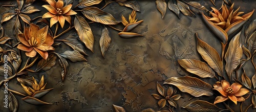 flora background engrave on a woodden board. Flower wallpaper. AI generated illustration
