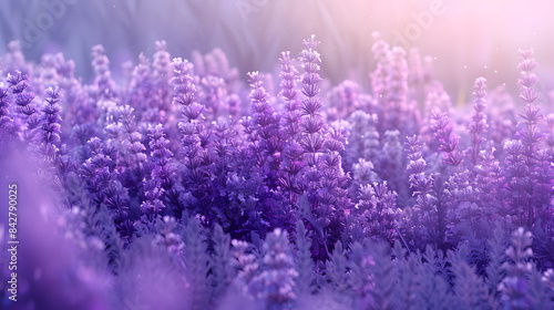 Field of purple flowers with sunlight filtering through