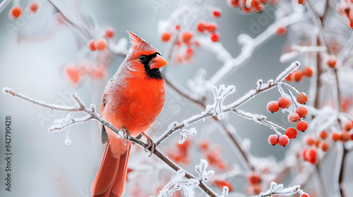 Red cardinal bird on a frosty tree branch with snow red berries in winter, Holiday and Christmas web banner.generative.ai