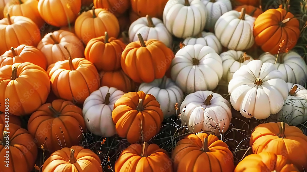 Lots of natural orange and white pumpkins, pumpkin background Lots of natural orange and white pumpkins, pumpkin background