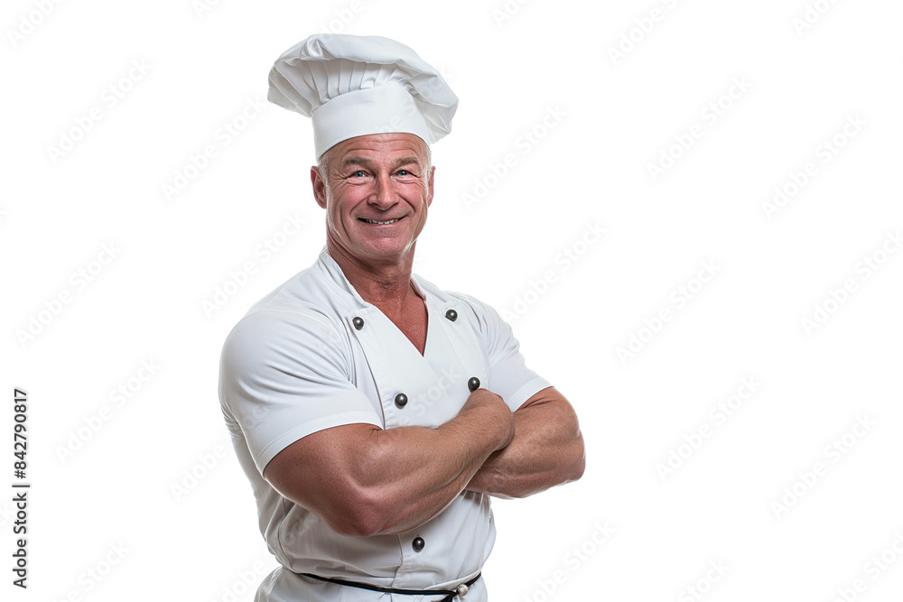 Smiling Senior Chef in White Uniform with Arms Crossed Isolated on White Smiling Senior Chef in White Uniform with Arms Crossed Isolated on White
