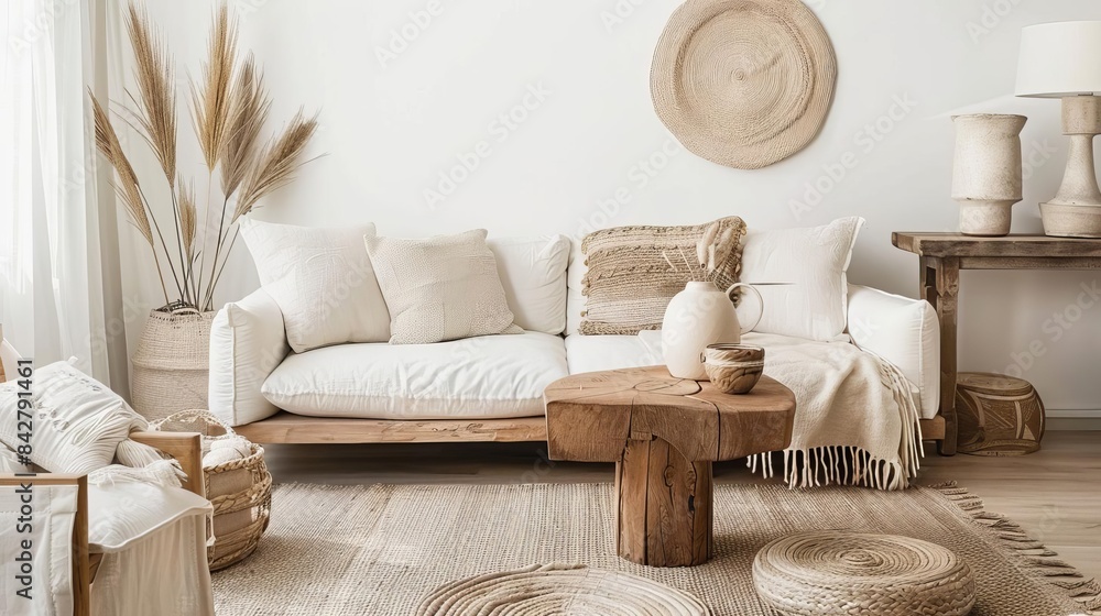 cozy boho living room interior with white sofa decorative pillows wooden table and natural accents cozy boho living room interior with white sofa decorative pillows wooden table and natural accents