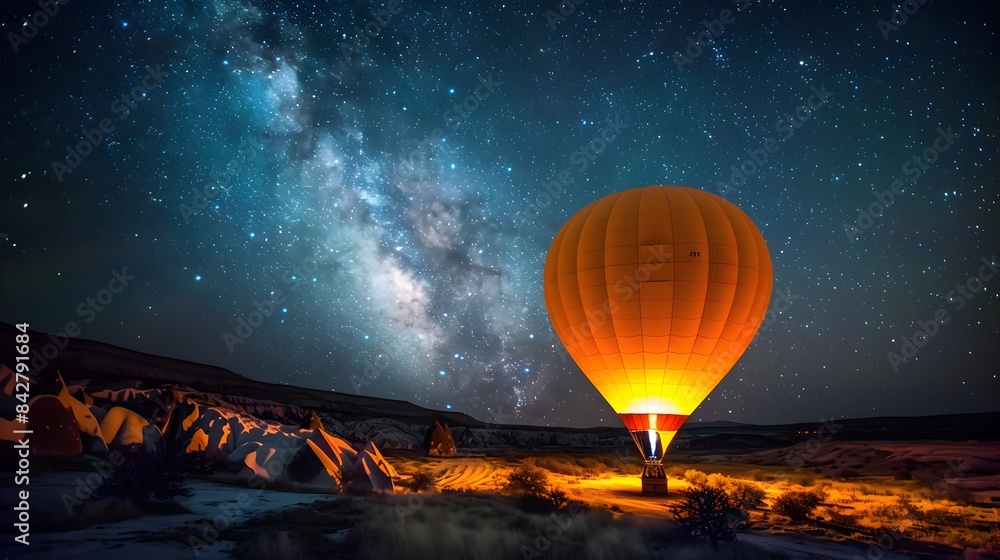 Obraz premium Glowing Hot Air Balloon Floating Under the Starry Milky Way Sky at Night