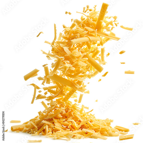 Cheese garnish, Falling grated cheese isolated on a white background, melted, texture, edible, flakes, dairy product photo