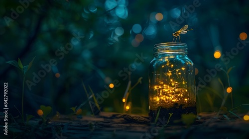 Firefly Captured in Glowing Jar Illuminating Mystical Woodland at Night © pkproject