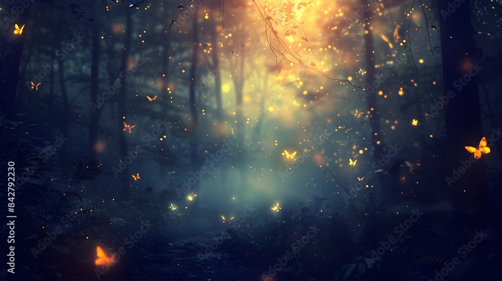 Obraz premium Fireflies Glowing Brightly in the Enchanted Dark Forest