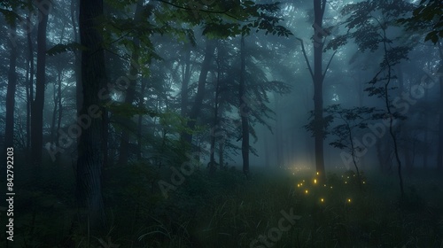 Solitary Firefly s Ethereal Glow Through the Misty Forest at Dawn