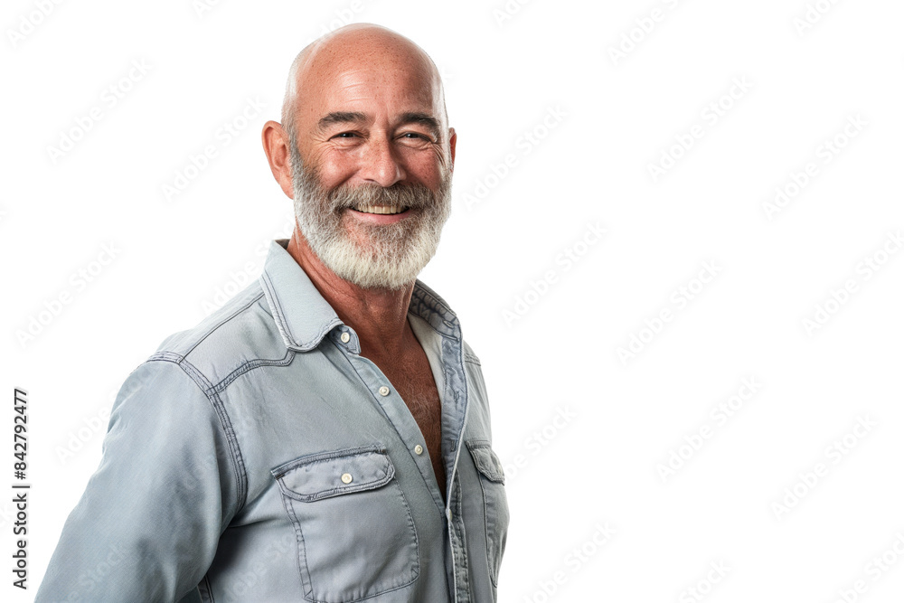 Fototapeta premium Smiling Middle-Aged Bald Caucasian Man in a Denim Shirt