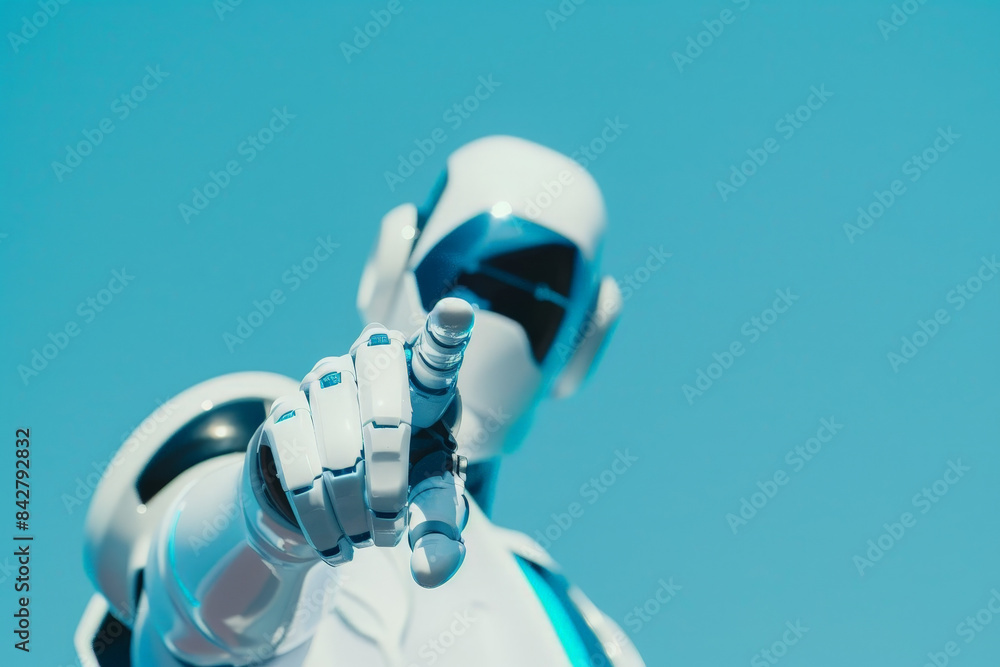 A white robot pointing his index to the camera A white robot pointing his index to the camera