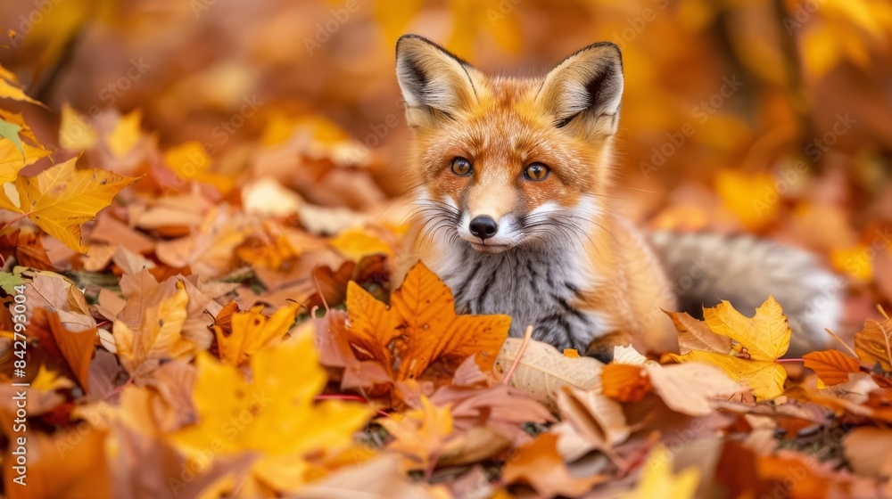 Fototapeta premium cute fox surrounded by vibrant autumn leaves seasonal wildlife scene nature photography