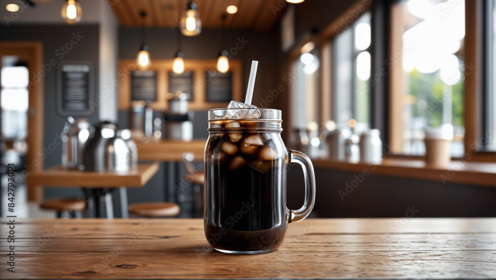 Iced coffee in handle mason jar on wooden cafe counter with blurry cafe background - Generative AI Iced coffee in handle mason jar on wooden cafe counter with blurry cafe background - Generative AI