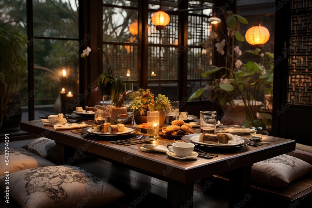 Eastern dining room with mat and pillows., generative IA Eastern dining room with mat and pillows., generative IA