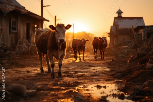 Cows that graze in the farm courtyard at sunset. cattle eating and walking outdoor  generative IA