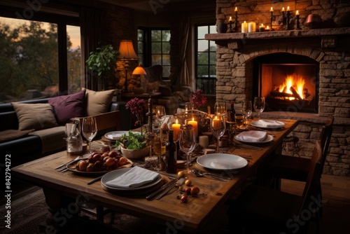 Cozy dining room with fireplace and rugs., generative IA