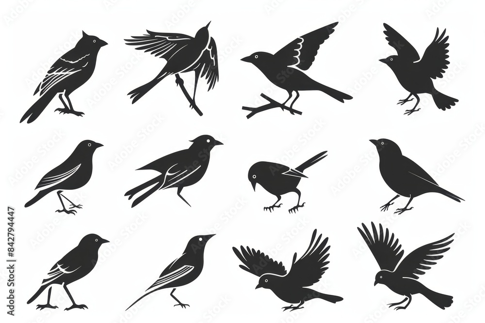 Bird icon set, black and white sparrow symbols, bird sign collection, wild animal pictograms on white Bird icon set, black and white sparrow symbols, bird sign collection, wild animal pictograms on white