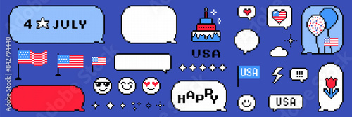 USA Independence Day. Pixel art. 4th of July text messages illustration set. American flag, pixel dialogue, speech bubbles. Y2k trendy playful pixelated stickers. 8 bit retro style vector illustration