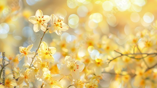delicate yellow spring flowers blooming on blurred light background concept photo