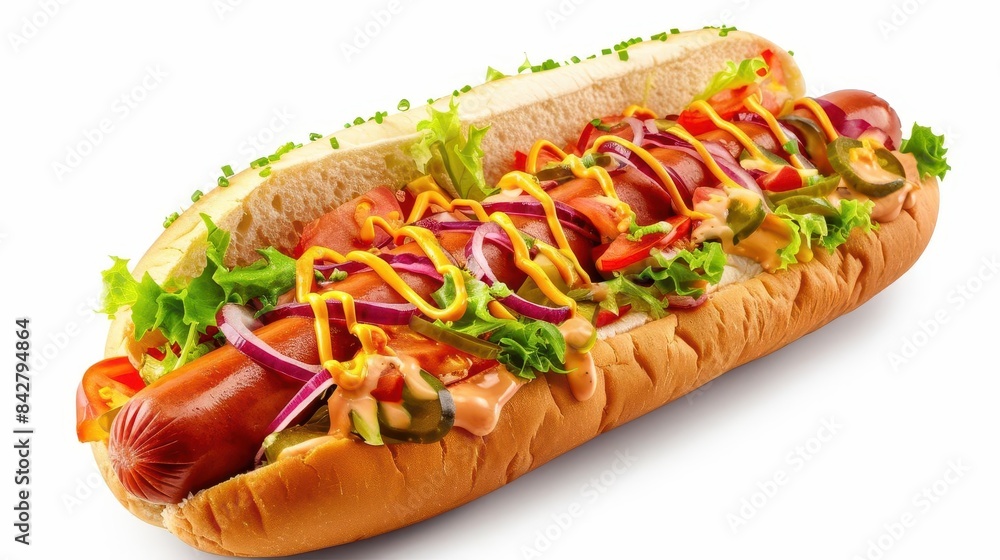 delicious hot dog with toppings cut out on white background fast food photo delicious hot dog with toppings cut out on white background fast food photo
