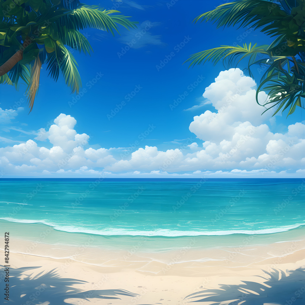 Fototapeta premium A serene beach with crystal clear waters and coconut palm trees.