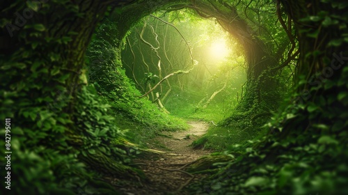 A forest path with a large archway in the middle