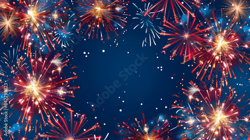 Festive red, white, and blue fireworks lighting in the night sky, poster card, copy space