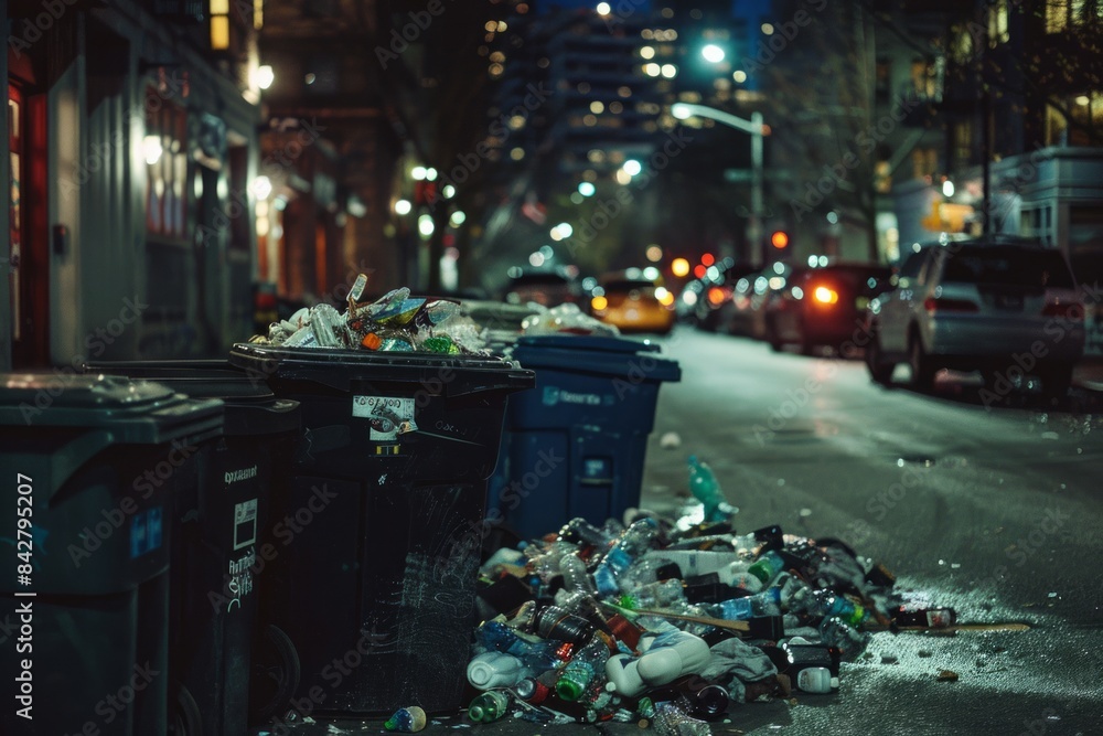 Urban Pollution Crisis: Overflowing Trash Bins on City Street at Night Urban Pollution Crisis: Overflowing Trash Bins on City Street at Night