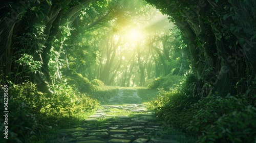 A forest path with a large archway in the middle