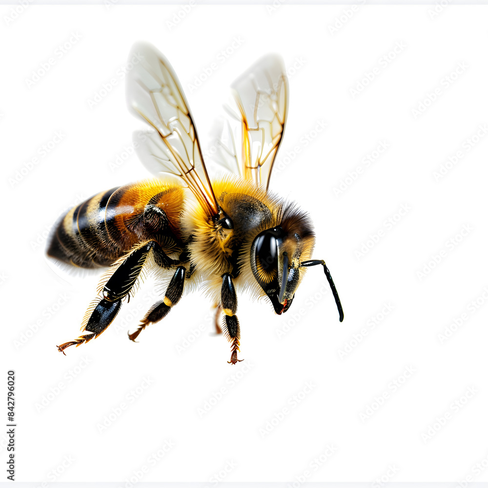 Closeup Bee is flying isolated on white background Closeup Bee is flying isolated on white background