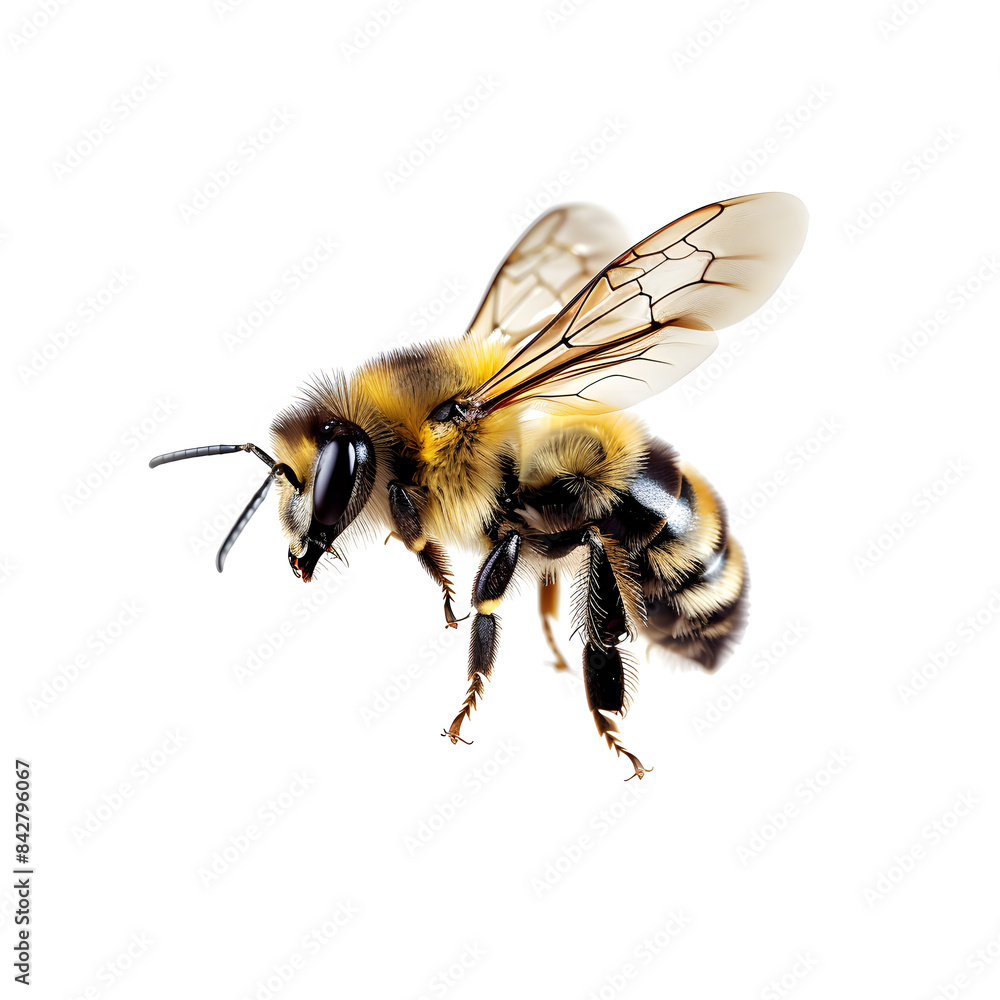 Closeup Bee is flying isolated on white background Closeup Bee is flying isolated on white background