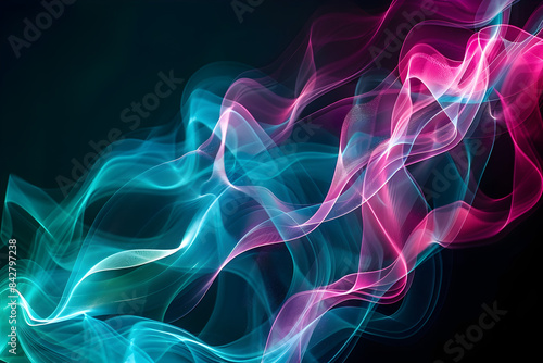 Abstract neon waves blending pink and teal hues in a dreamy display. Enchanting neon art.