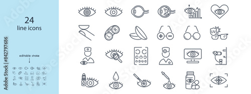 Ophthalmology line icon set. Eye, glasses, test, clinic, contact lenses, slit lamp, iris, retina, plus, minus, treatment dynamics, ophthalmologist, surgery, laser vector illustration. Editable Stroke