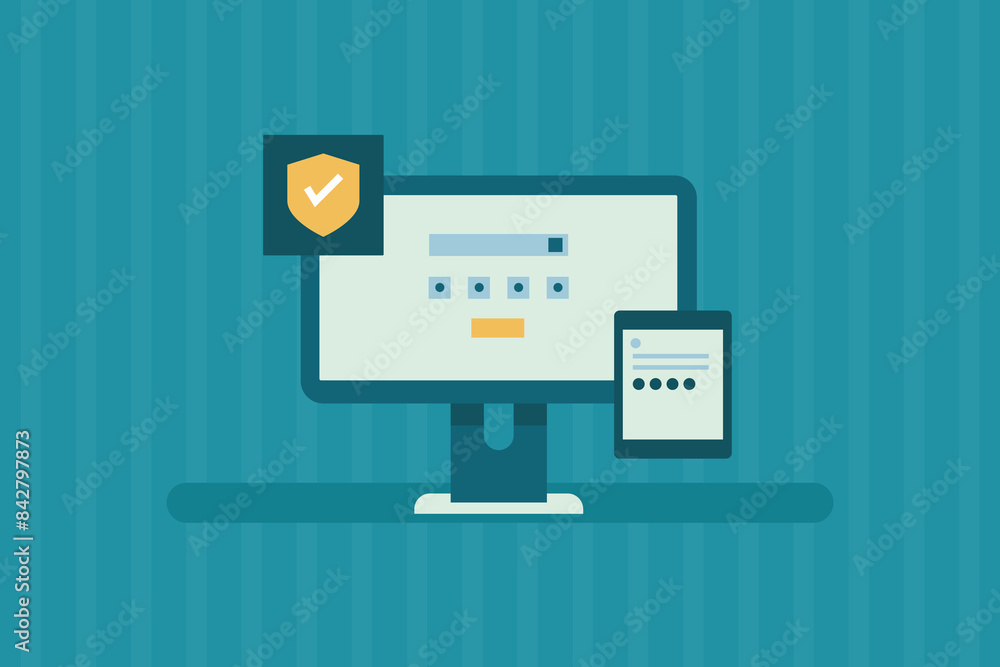 Online account protected with two step authentication technology. Two factor authentication code send to mobile. Vector illustration concept. Online account protected with two step authentication technology. Two factor authentication code send to mobile. Vector illustration concept.