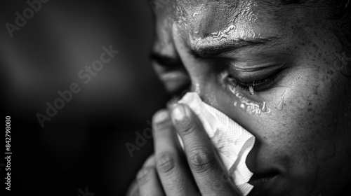A candid photo of a woman wiping away tears with a tissue, her face contorted in sadness photo