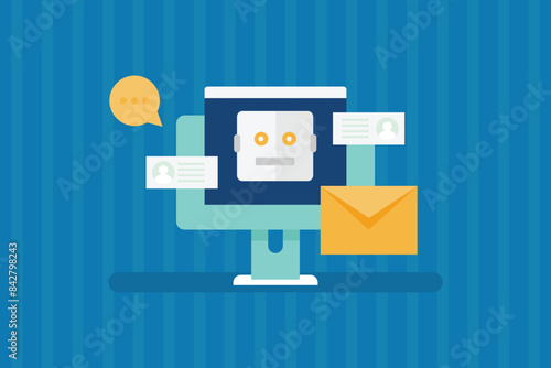 Chatbot helping business in customer support. Chatbot answers and replies, Writing email suggestion, CRM software application. Vector illustration concept.