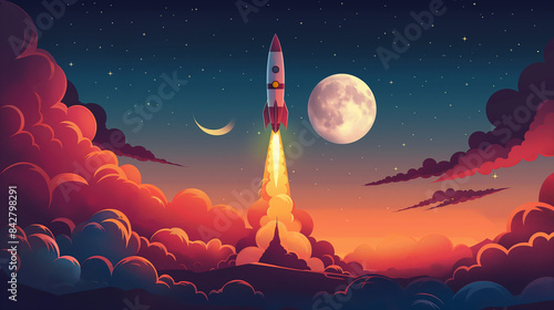 Mission to the Moon: Rocket Launch with Crescent Moon Backdrop © Nutt